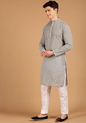 Grey Embroidered Cotton Kurta For Men