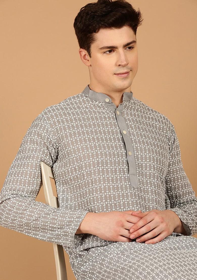 Grey Embroidered Cotton Kurta For Men