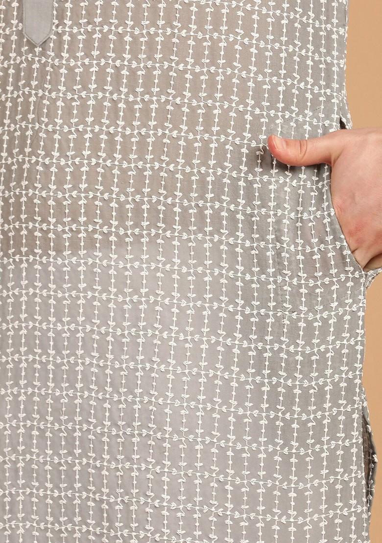 Grey Embroidered Cotton Kurta For Men