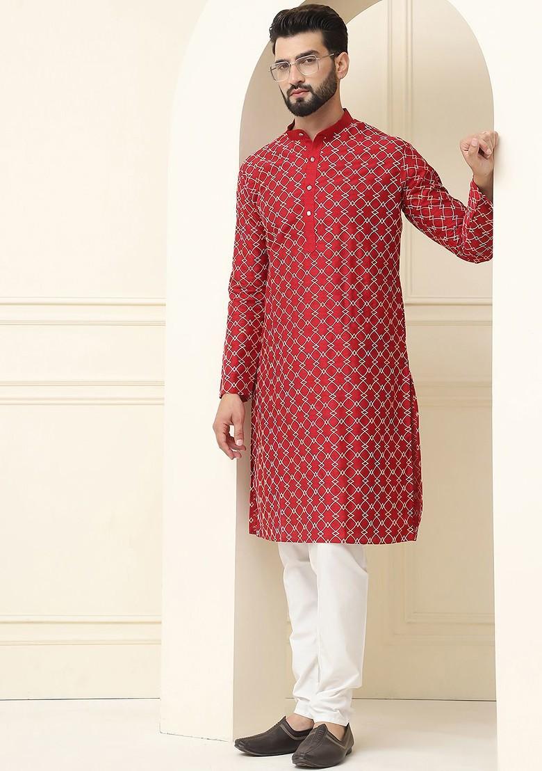 Maroon Embroidered Poly Blend Kurta For Men