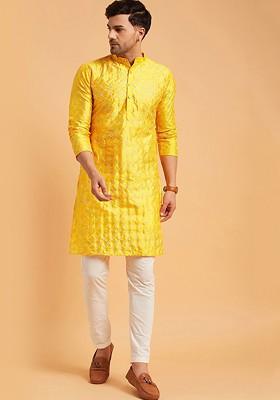 Mustard Thread Work Cotton Kurta For Men