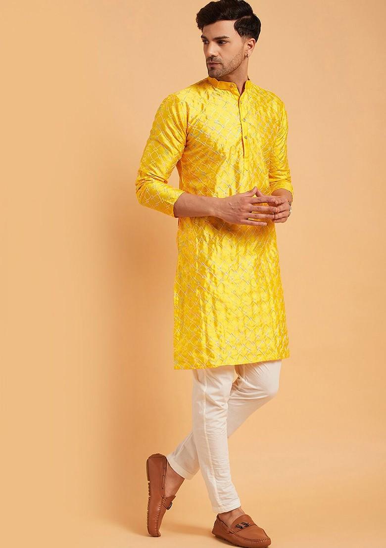 Mustard Thread Work Cotton Kurta For Men