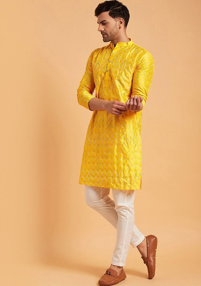 Mustard Thread Work Cotton Kurta For Men