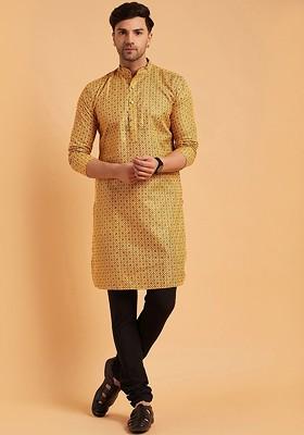 Mustard Ethnic Motifs Cotton Kurta For Men