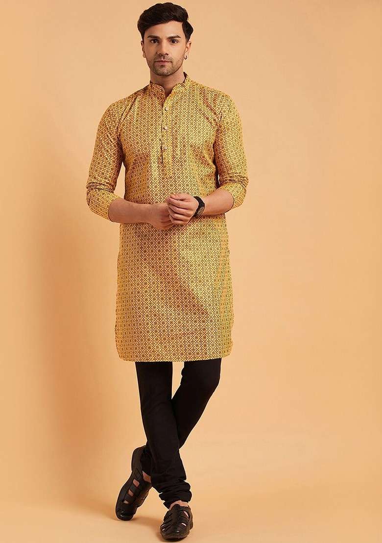 Mustard Ethnic Motifs Cotton Kurta For Men - Indya