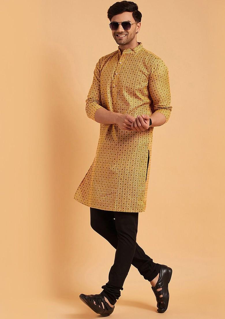 Mustard Ethnic Motifs Cotton Kurta For Men