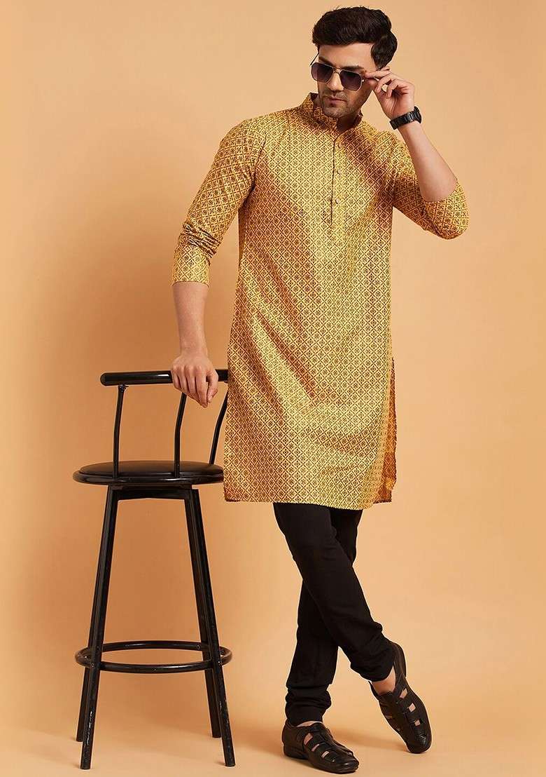 Mustard Ethnic Motifs Cotton Kurta For Men - Indya