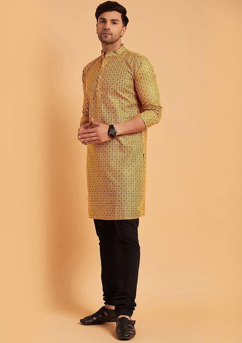 Mustard Ethnic Motifs Cotton Kurta For Men