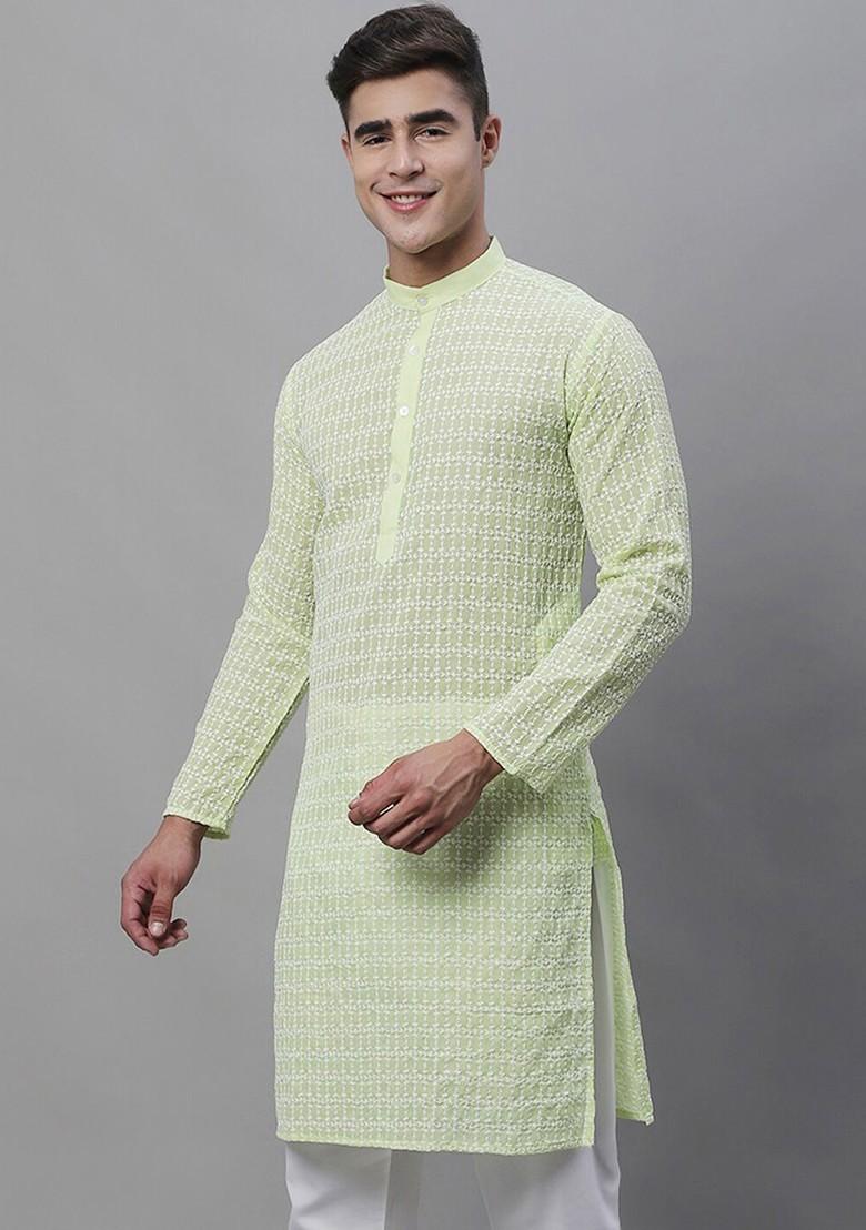 Green Thread Work Cotton Kurta For Men