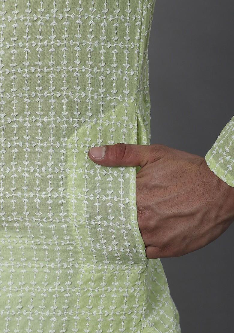 Green Thread Work Cotton Kurta For Men