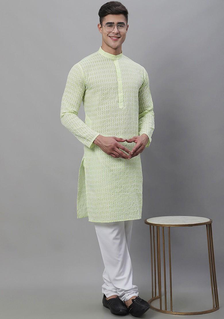 Green Thread Work Cotton Kurta For Men