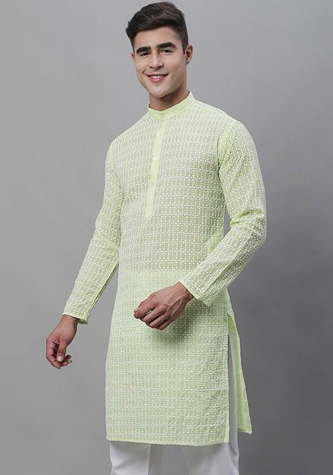 Green Thread Work Cotton Kurta For Men