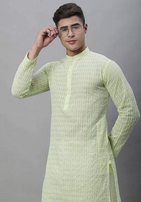 Green Thread Work Cotton Kurta For Men