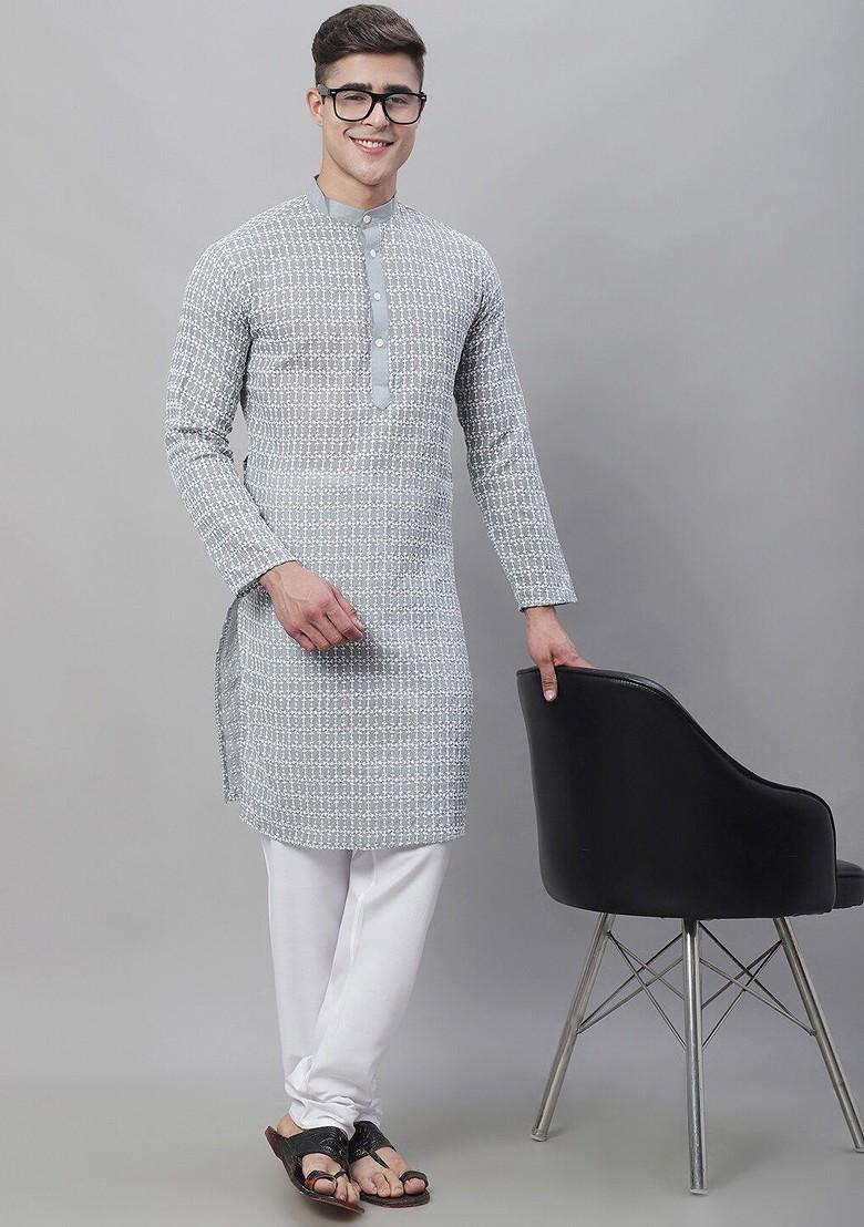 Grey Thread Work Cotton Kurta For Men
