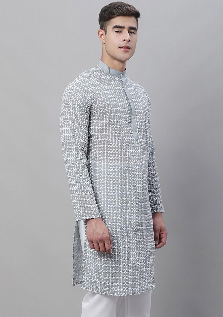 Grey Thread Work Cotton Kurta For Men