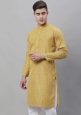 Mustard Ethnic Motifs Poly Blend Kurta For Men