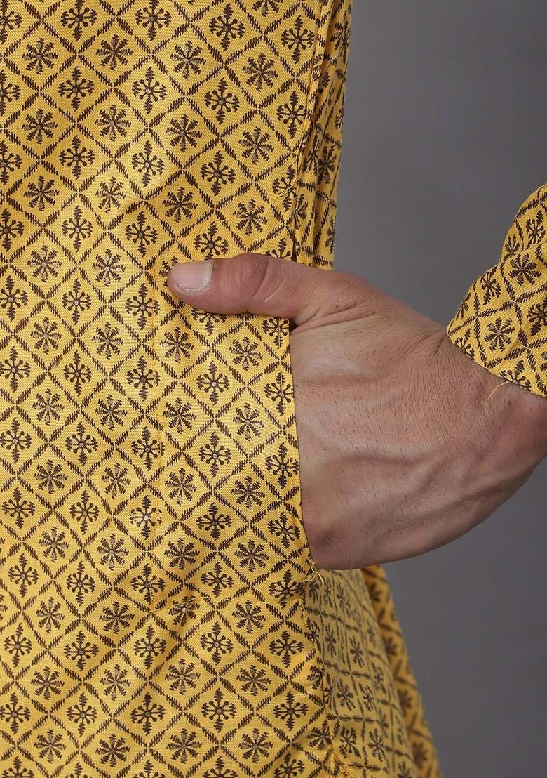 Mustard Ethnic Motifs Poly Blend Kurta For Men