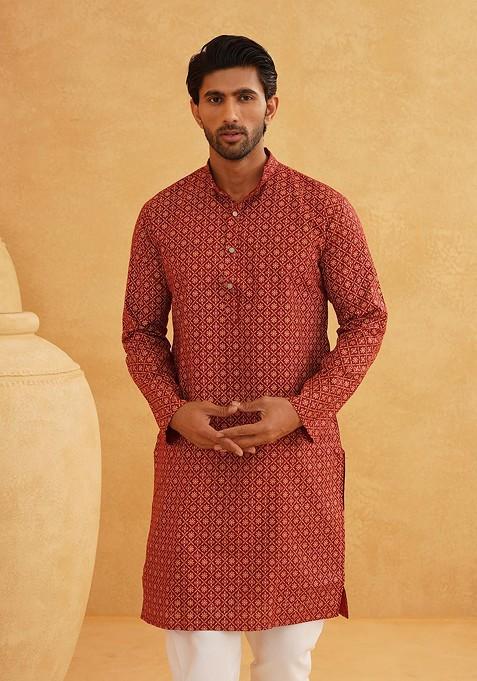 Maroon Ethnic Motifs Cotton Kurta For Men