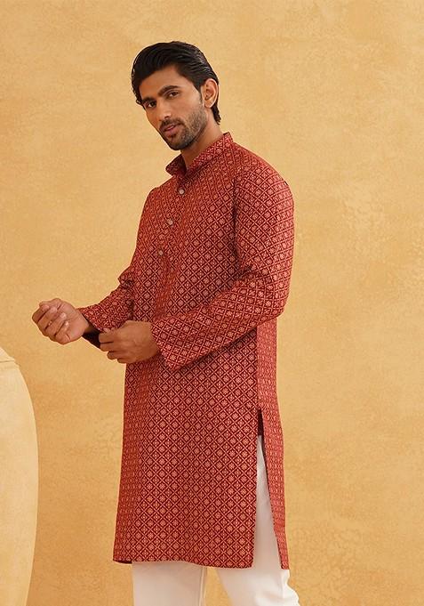 Maroon Ethnic Motifs Cotton Kurta For Men
