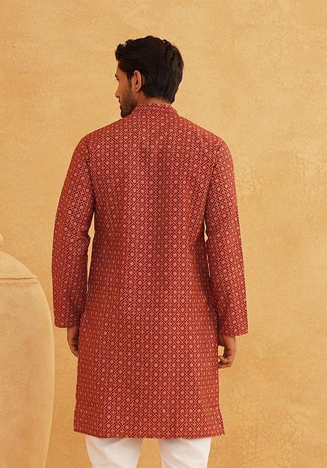 Maroon Ethnic Motifs Cotton Kurta For Men