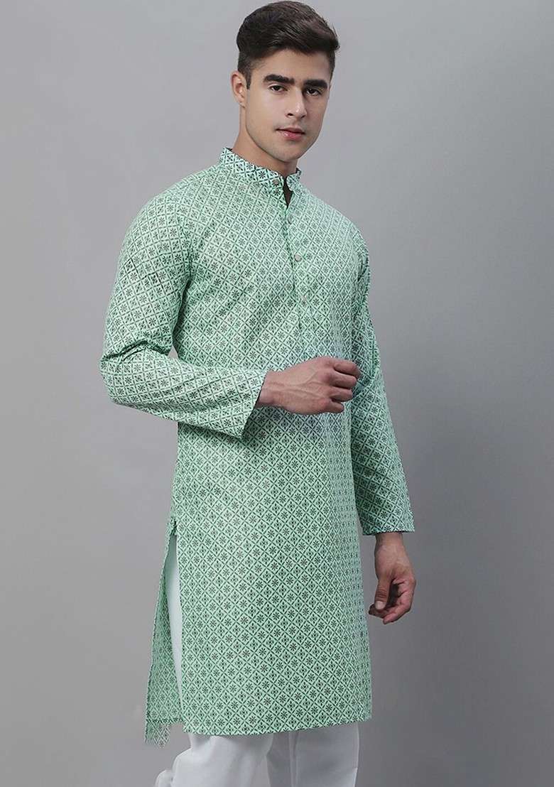 Sea Green Ethnic Motifs Cotton Kurta For Men - Indya