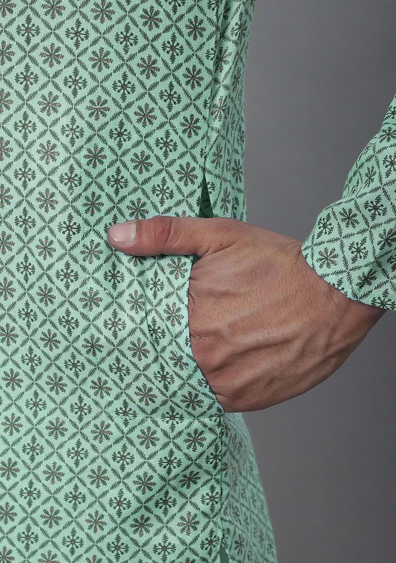 Sea Green Ethnic Motifs Cotton Kurta For Men
