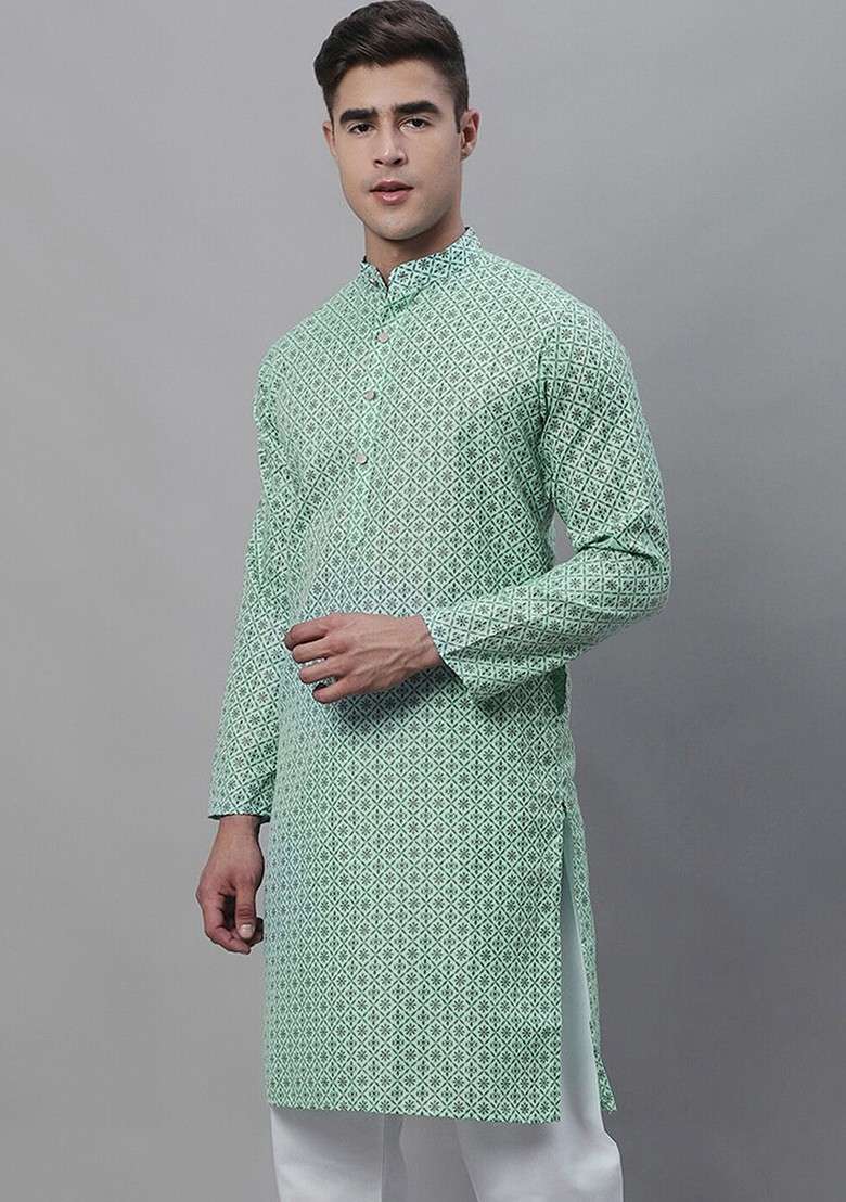 Sea Green Ethnic Motifs Cotton Kurta For Men - Indya