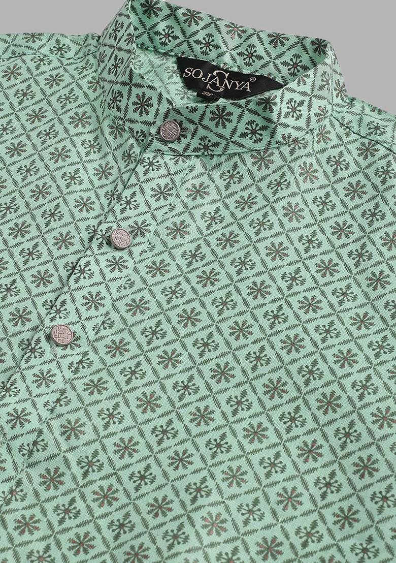 Sea Green Ethnic Motifs Cotton Kurta For Men