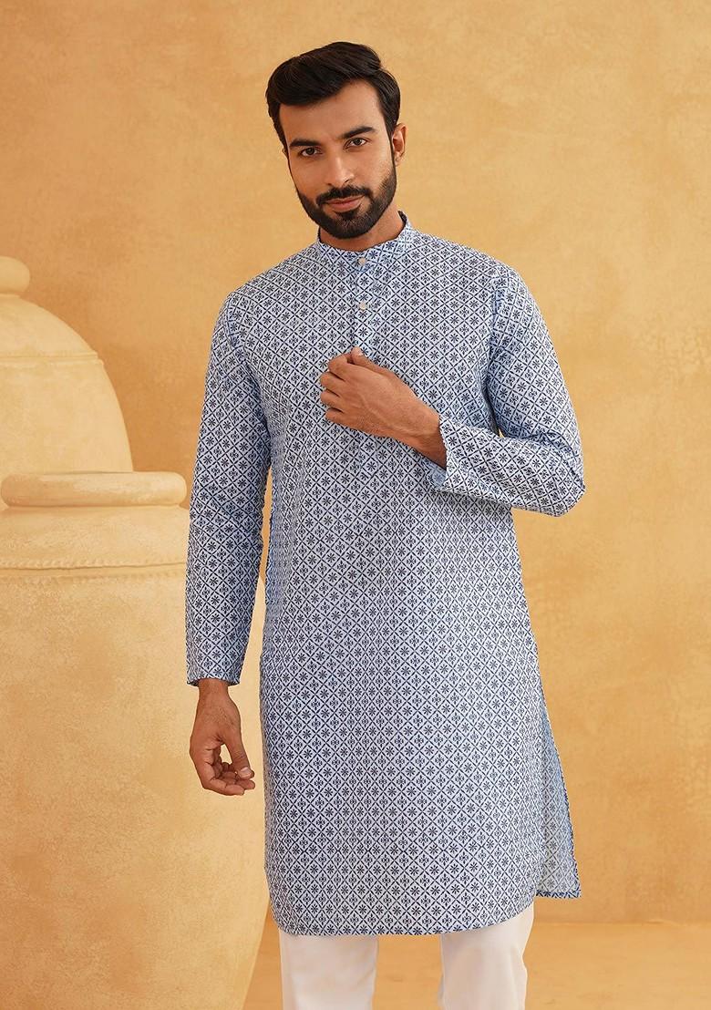 Blue Embroidered Cotton Kurta For Men