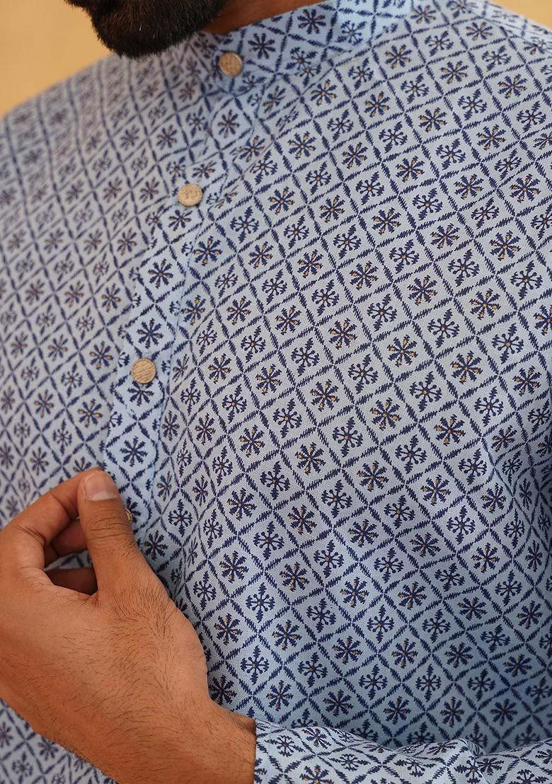 Blue Embroidered Cotton Kurta For Men
