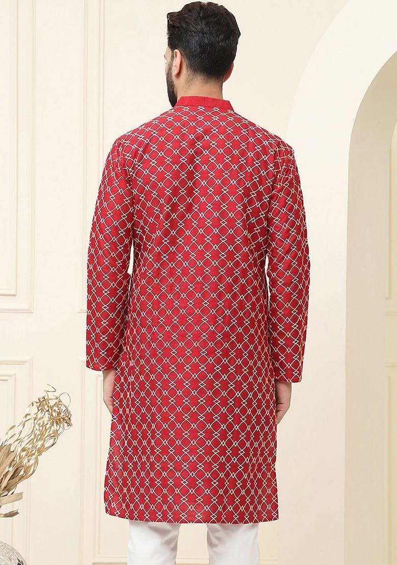 Maroon Thread Work Poly Blend Kurta For Men
