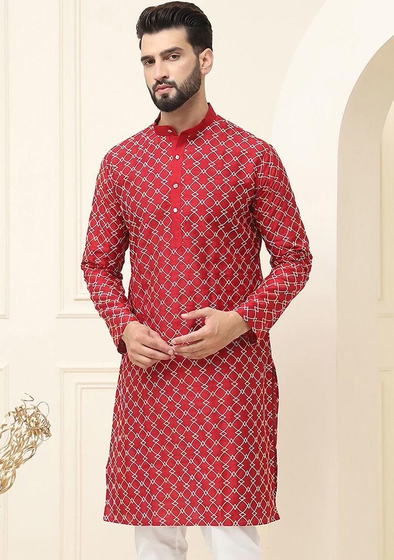 Maroon Thread Work Poly Blend Kurta For Men