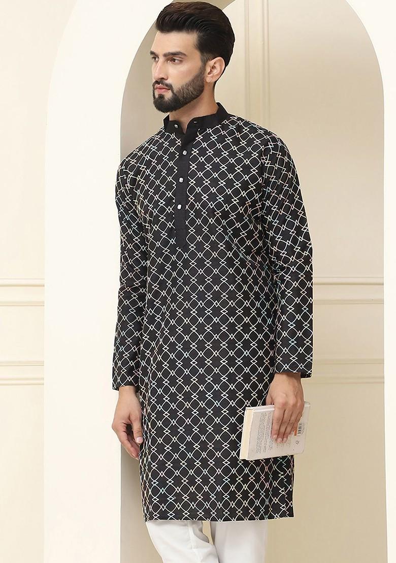 Black Thread Work Poly Blend Kurta For Men