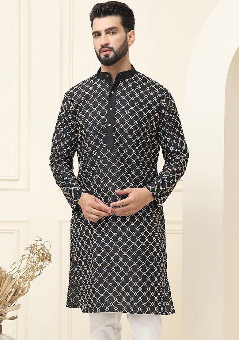Black Thread Work Poly Blend Kurta For Men