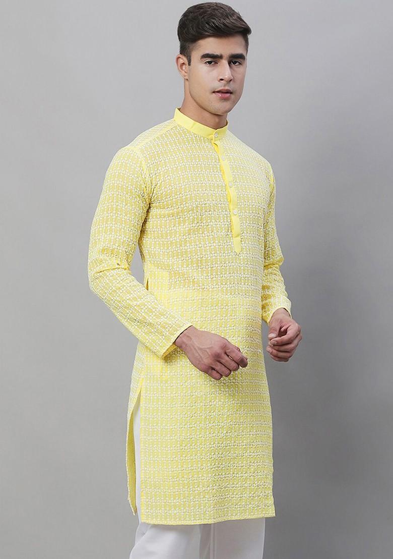 Yellow Embroidered Cotton Kurta For Men