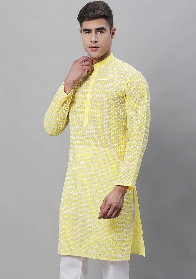 Yellow Embroidered Cotton Kurta For Men
