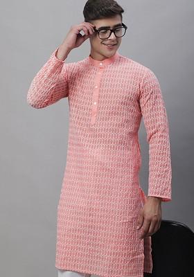 Peach Embroidered Cotton Kurta For Men