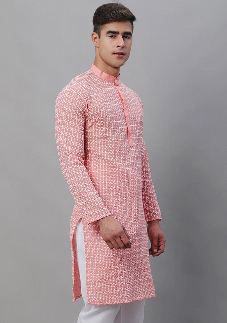 Peach Embroidered Cotton Kurta For Men
