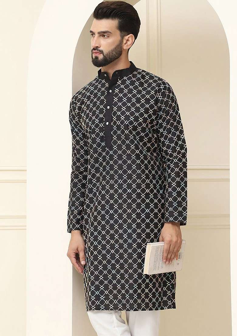 Black Thread Work Silk Blend Kurta For Men - Indya