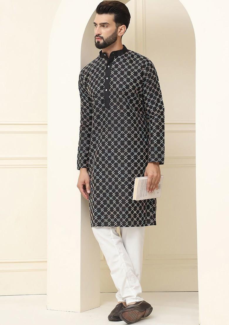 Black Thread Work Silk Kurta For Men