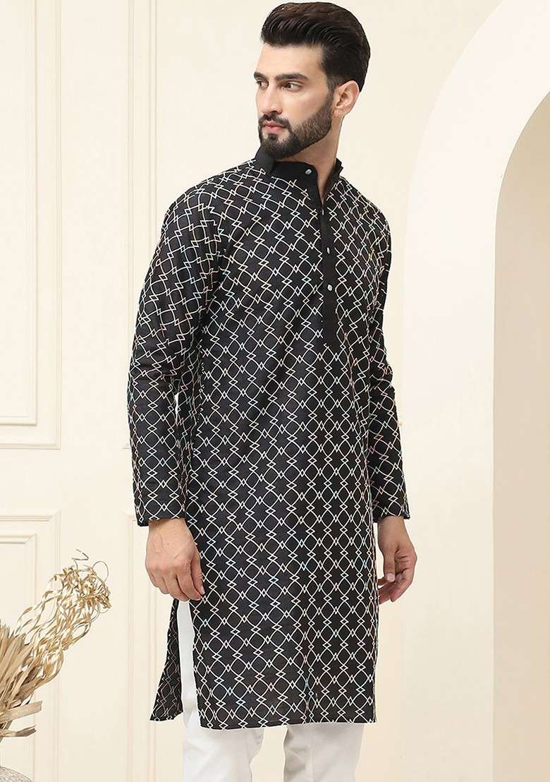 Black Thread Work Silk Blend Kurta For Men - Indya