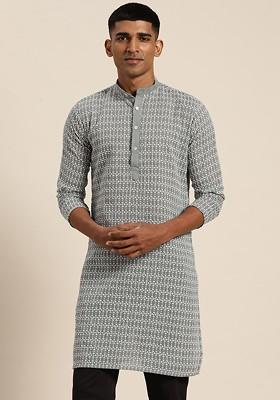 Grey Embroidered Cotton Kurta For Men