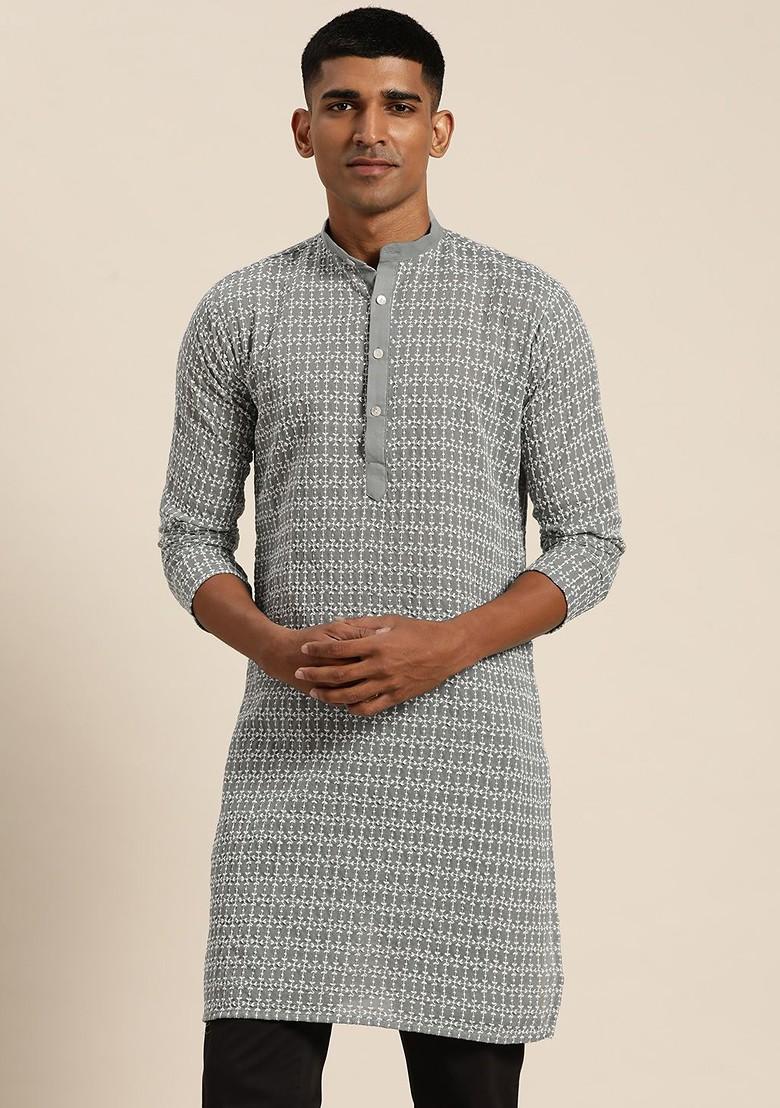 Grey Embroidered Cotton Kurta For Men