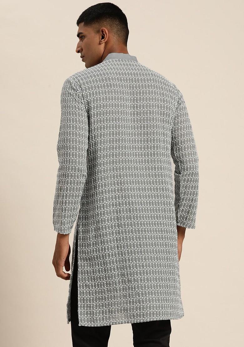 Grey Embroidered Cotton Kurta For Men