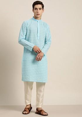 Blue Thread Work Poly Blend Kurta For Men