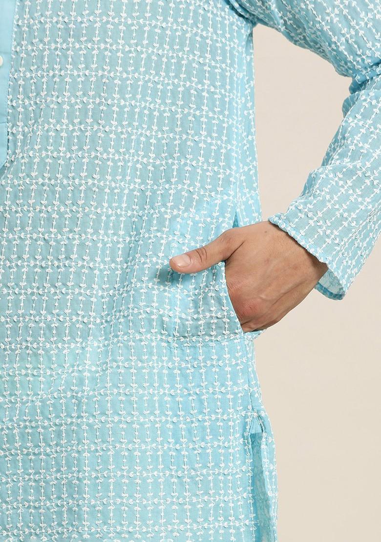 Blue Thread Work Poly Blend Kurta For Men