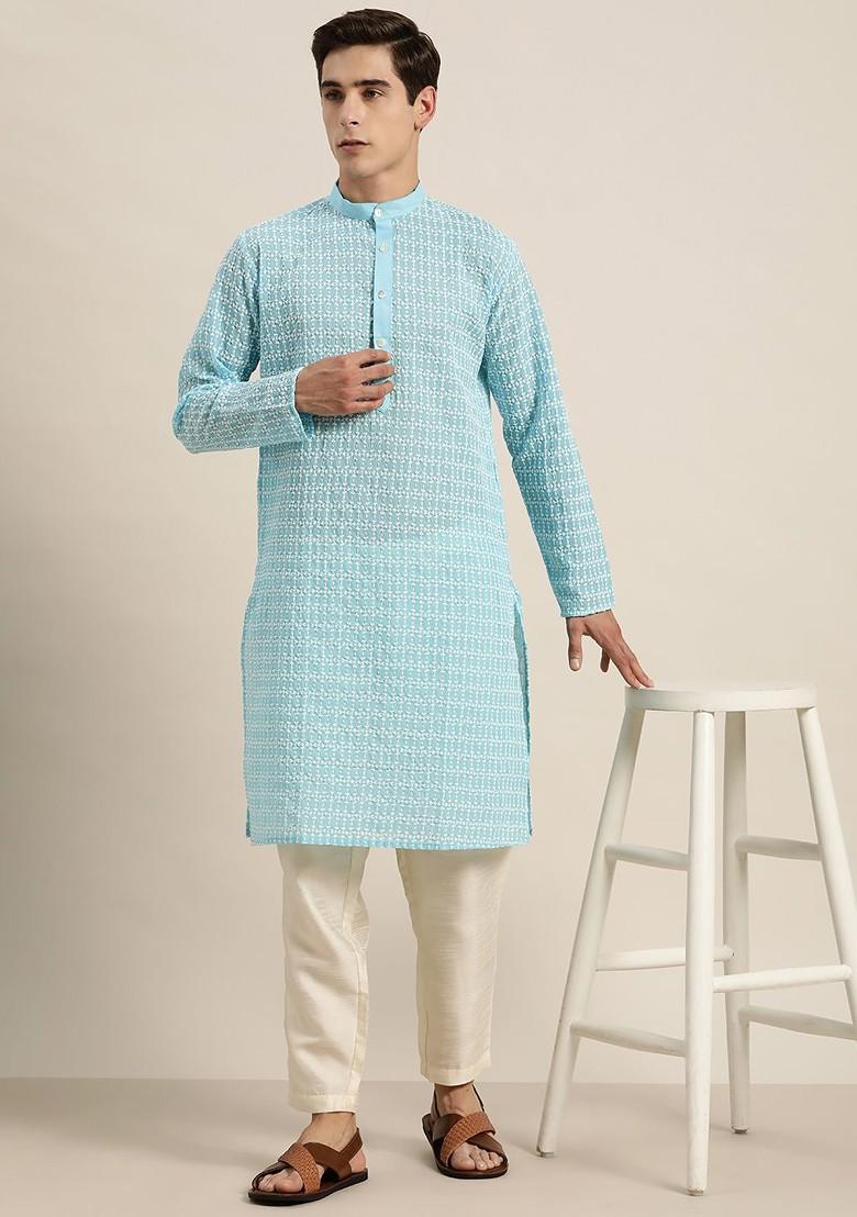 Blue Thread Work Poly Blend Kurta For Men
