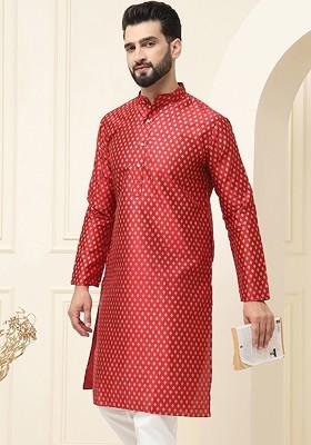 Maroon Ethnic Motifs Poly Blend Kurta For Men