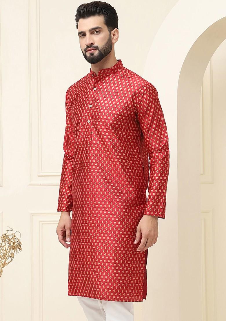 Maroon Ethnic Motifs Poly Blend Kurta For Men