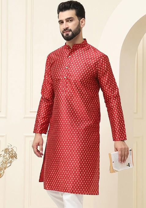 Maroon Ethnic Motifs Poly Blend Kurta For Men